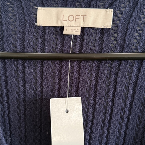 LOFT Ribbed Wrap Tie Cardigan Size L Navy Blue Cotton Blend Sweater - Picture 3 of 7